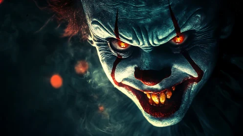 Close-up digital portrait of sinister glowing-eyed clown.