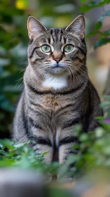 Tabby Cat with Striking Blue-Green Eyes Amid Leafy Garden Setting