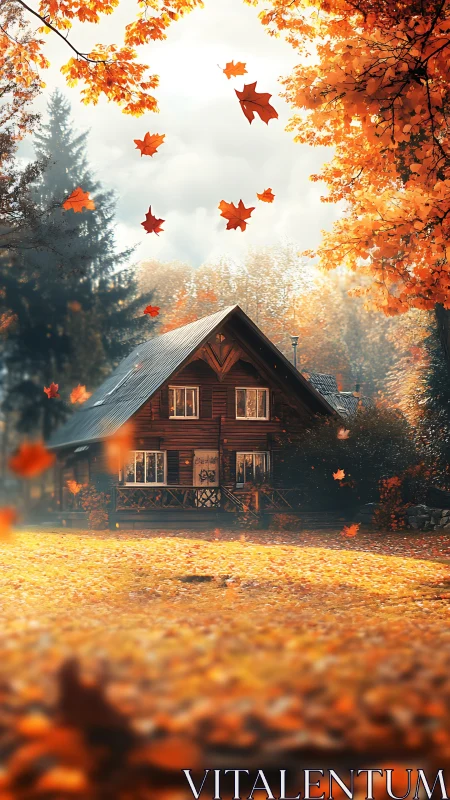 Cozy wooden cabin in bright orange autumn forest scene.