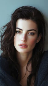 Soft-lit portrait of brunette woman with natural tones.