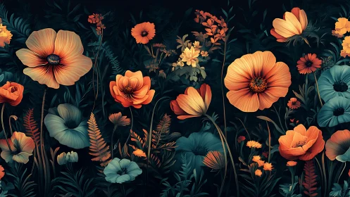 Floral arrangement with orange and teal blooms on dark background.