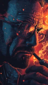 Smoldering portrait captures a reflective man in glowing firelight