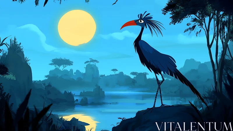 Stylized crane silhouette surveys blue-toned river valley at dusk