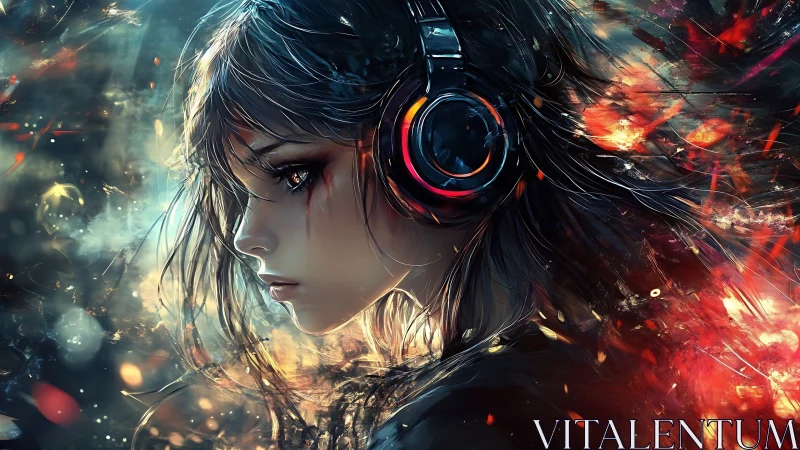 Side profile of headphone user in abstract color field.