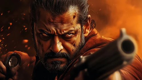 Intense gunman close up with shotgun in fiery backdrop.