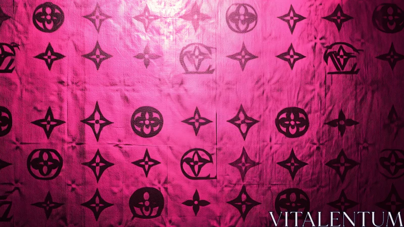 Pink metallic wall displays repeating black geometric emblems.