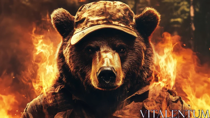 Armored grizzly bear stands defiant amid raging forest fire