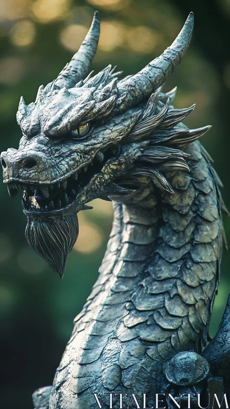Metallic dragon bust sculpture in outdoor natural light.
