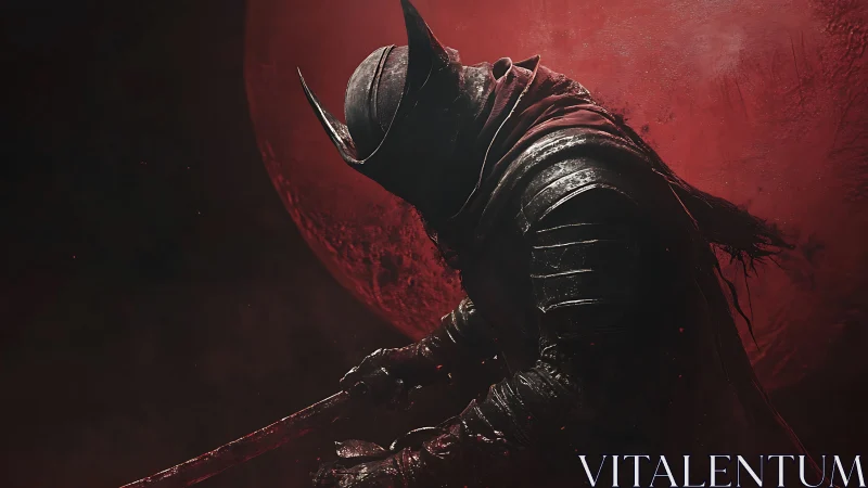 Armored warrior crouches under red moon with drawn weapon