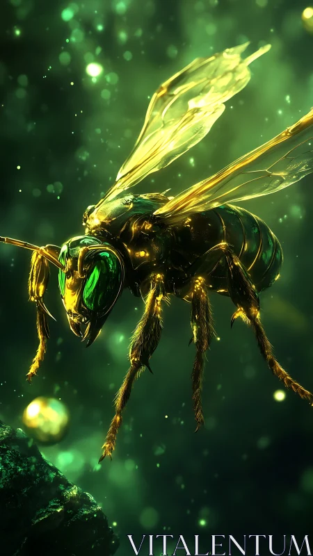 Luminous emerald insect drifting through a glowing dreamscape.