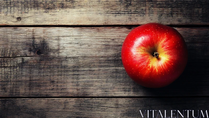 Red apple on rustic wood in high-contrast overhead light.