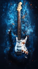 Weathered electric guitar suspended in high-contrast blue space