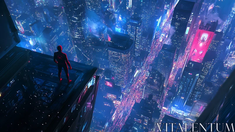 Neon-clad vigilante surveys tilted cyberpunk megacity grid