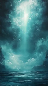 Vertical light shaft over calm ocean between cliffs.