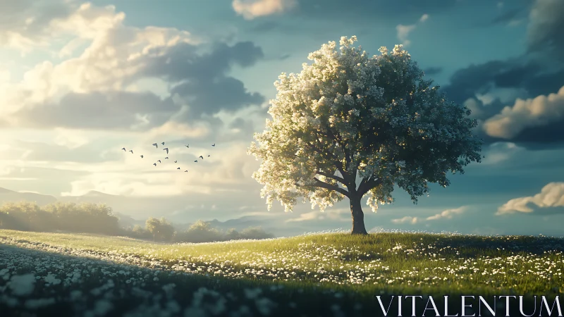 Solitary blossoming tree in peaceful meadow, cinematic lighting.