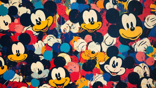 Mouse character collage over bold abstract splatter field.