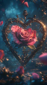 Golden Heart Cradles Luminous Rose in Dreamscape
