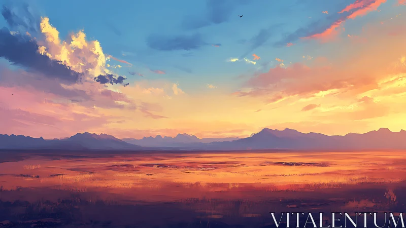 Sunlit desert plain beneath vivid pastel sunset sky.