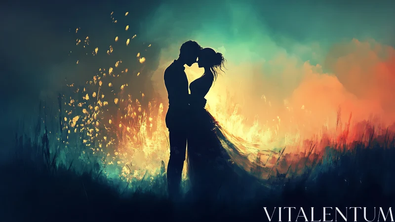 Silhouettes Ignite: Two Hearts Blazing Through Luminous Darkness