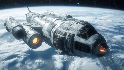 Futuristic orbital spacecraft rendered with high-detail hull modeling