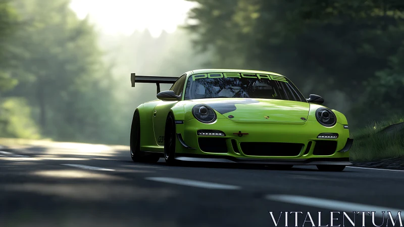 Lime green Porsche race car on shaded forest road.