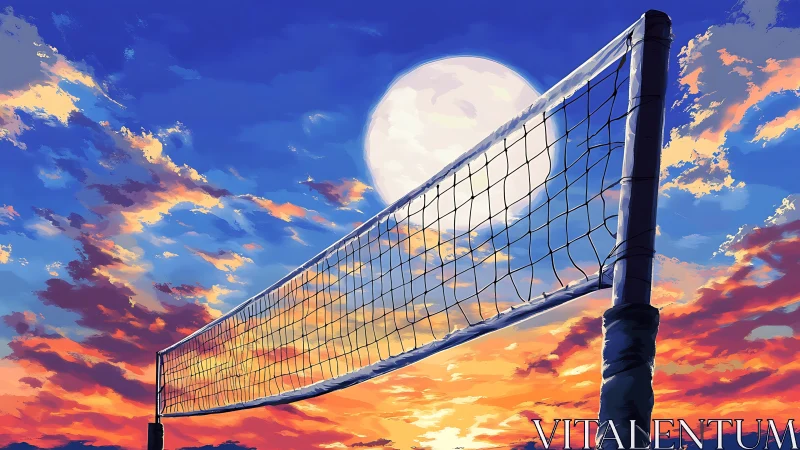 Digital sunset volleyball net under luminous full moon sky.
