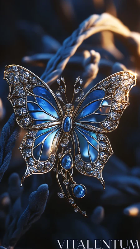 Jeweled sapphire butterfly brooch glows in twilight garden