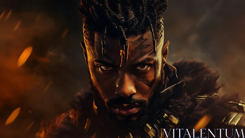Cinematic warrior portrait with dramatic rim lighting and embers