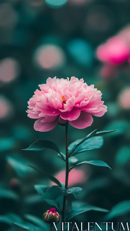 Pink peony flower with layered petals in bokeh garden setting.