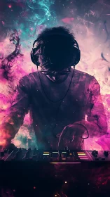 Synesthetic DJ interface amid neon particulate soundfield.