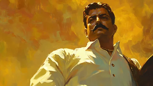 Proud mustached man stands against glowing golden sky