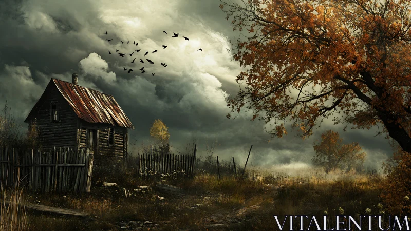 Weathered cabin under stormy sky beside autumn tree.