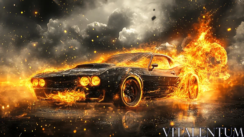 Muscle car engulfed in inferno under storm-laden skies.
