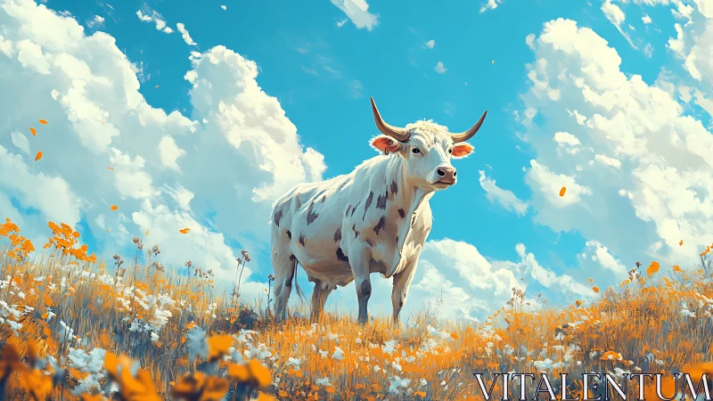 Skyward meadow guardian cow in swirling painted daylight.