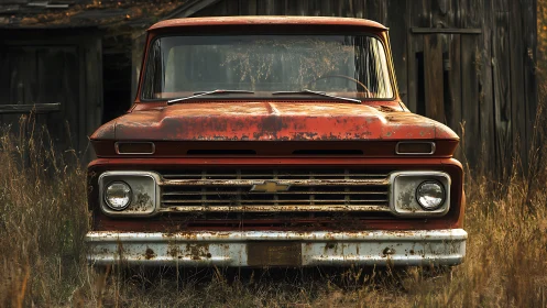 Rusting red pickup truck front view in tall wild grass.