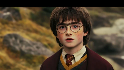 Young boy in school uniform gazes ahead outdoors thoughtfully.