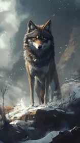Wolf standing on snowy rocky ledge in overcast mountain landscape.