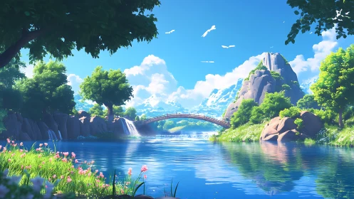 Sunlit mountain river and arched bridge in lush valley.