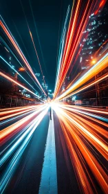 Urban roadway at night with converging vehicle light trails.
