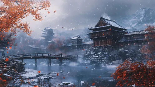 Snow covered riverside temple complex with arched bridge.