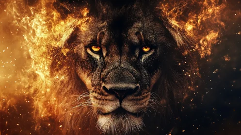 Digital painting of a fiery lion portrait with infernal symmetry.