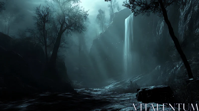 Waterfall in misty canyon with bare trees framing gorge.