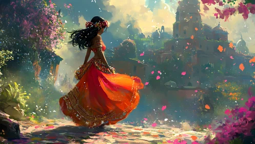 Kinetic chromatic dancer before sunlit palace structures.