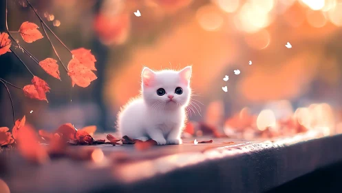 White kitten positioned on wooden surface among autumn foliage