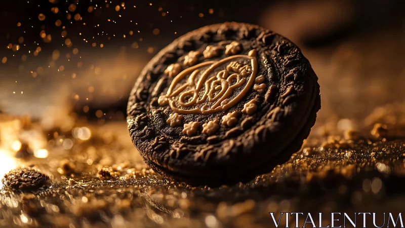 Macro bokeh analysis of embossed chocolate sandwich cookie form.
