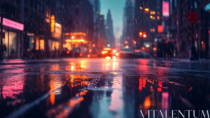 Neon city street shimmers under rain in cinematic twilight
