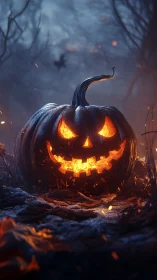 Glow of the mischievous jack-o-lantern in a misty night forest.