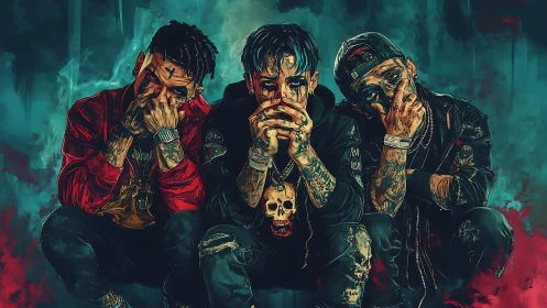 Smoke-drenched trio crouches in neon gloom and painted defiance