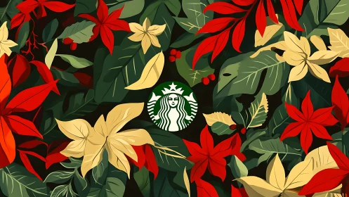 Starbucks emblem within stylized red and gold foliage pattern.