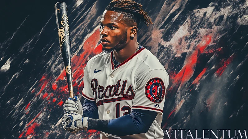 Baseball player holding bat in stylized action portrait.